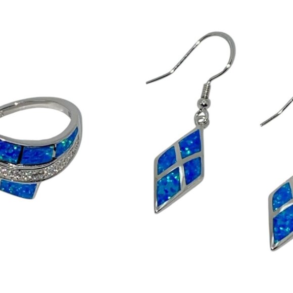 Sterling Silver Elegant Blue Lab Opal & Clear CZ Ring Size 7 or 8 + Kite Earring - Picture 3 of 5